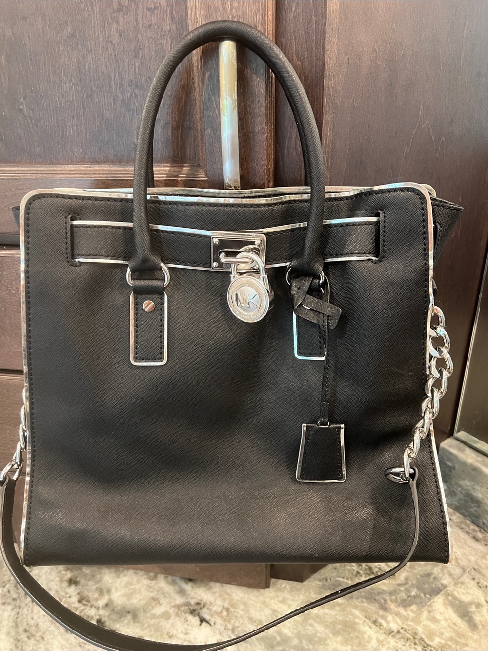 Michael Kors Black Saffiano Satchel: Tote with Silver Hardware and Chain Strap